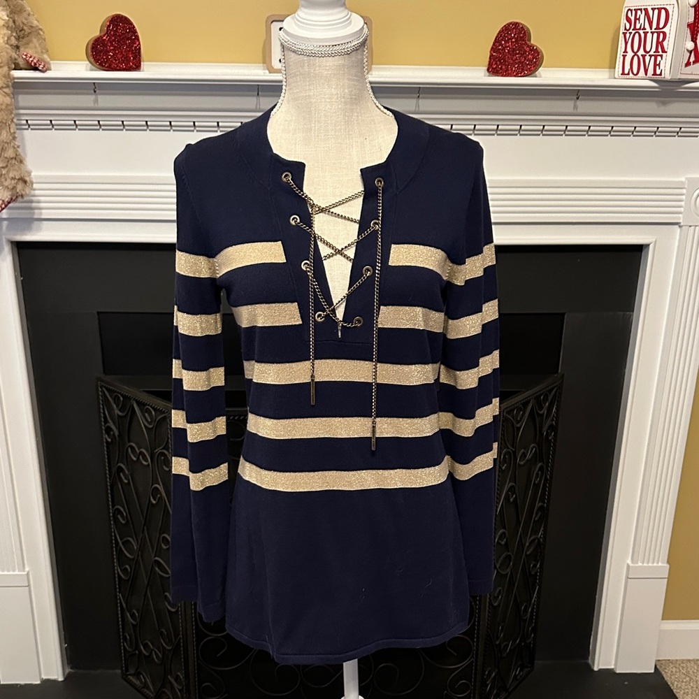 Michael Kors Navy and Gold Striped Lace-Up Women's Top